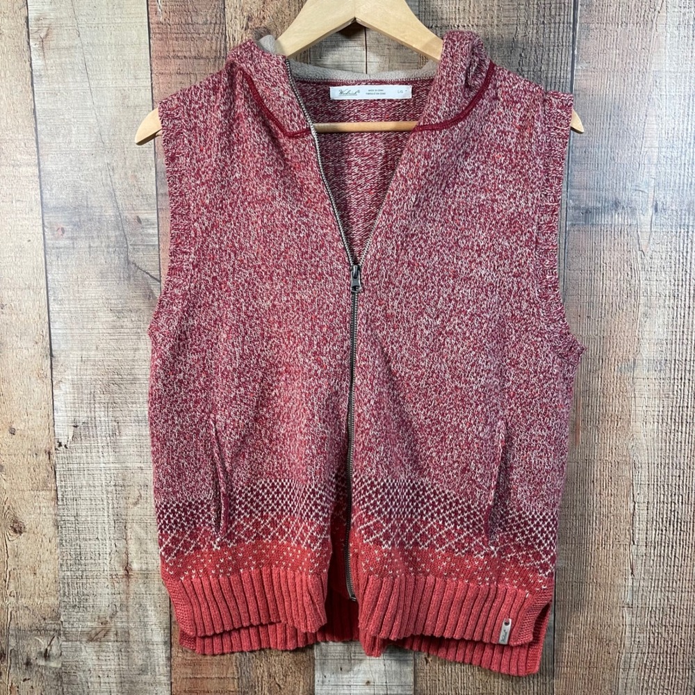 Woolrich Womens L Red Hooded Sweater Vest Full Zip Fleece Lined Fair Isle Knit